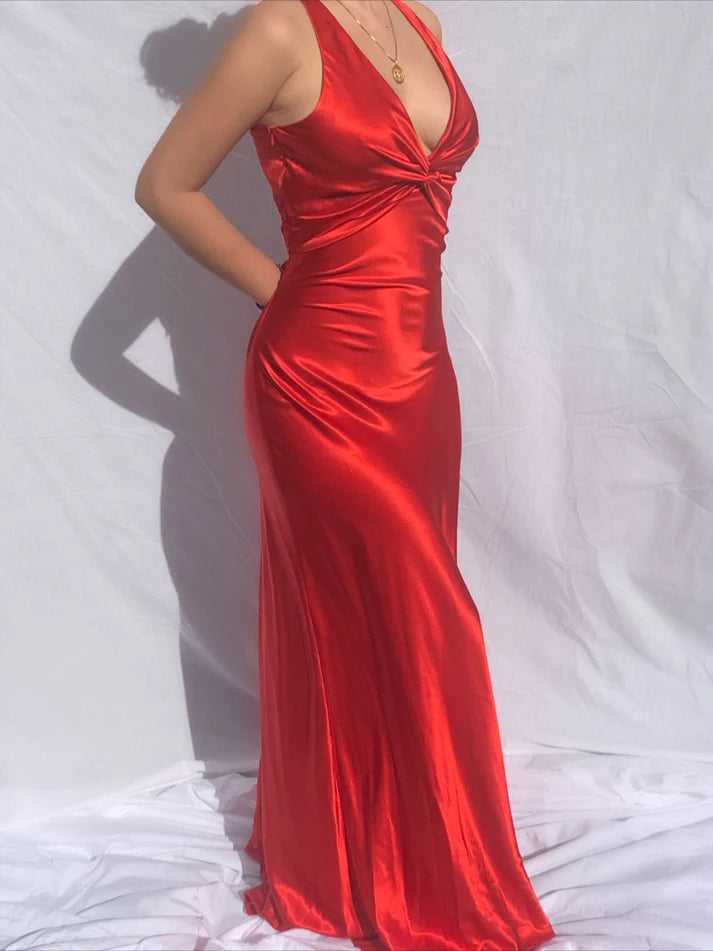 Anniversary Sale V Neck Red Mermaid Satin Long Prom Dress Formal Party Dress MD7626