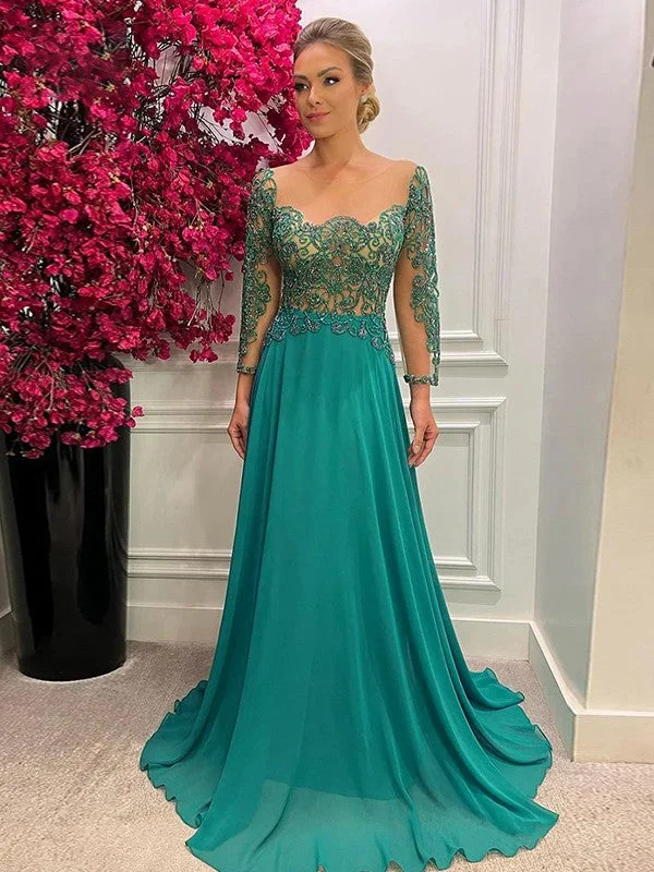 Early Access To Art Deco Styles Sale A-Line/Princess Chiffon Applique Scoop Long Sleeves Sweep/Brush Train Mother of the Bride Dresses