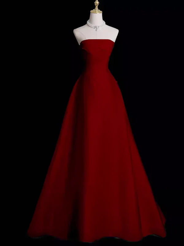 Score Big On Glamorous Red - Carpet Styles Charming Red Strapless A-Line Long Satin Prom Dress Evening Gown MD7689