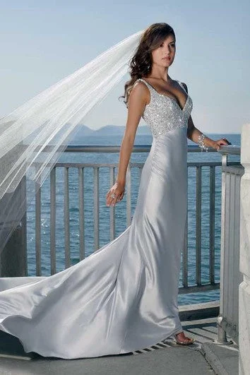 Seasonal Trends sheath Spaghetti Straps V-neck Elatic Woven Satin Wedding Dress