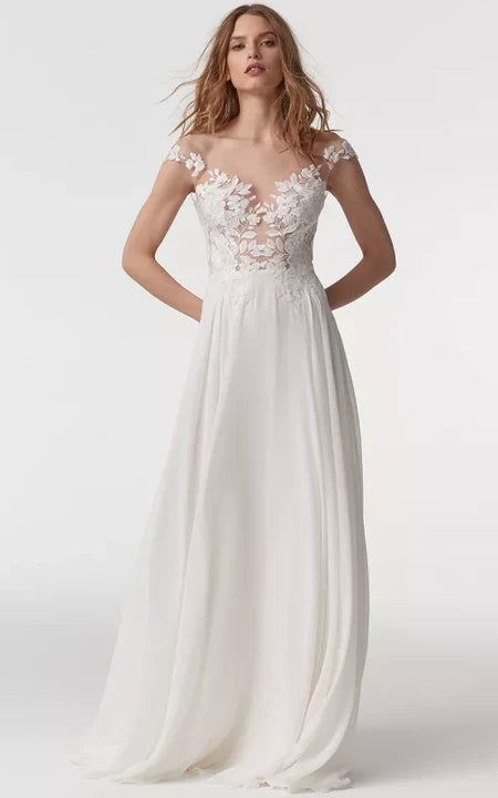 Latest Trends Chiffon Empire Off-the-shoulder Sheath Low-v Back Wedding Dress with Lace Top