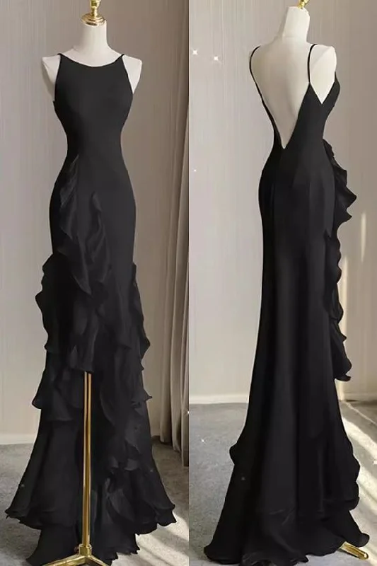 Huge Savings On Parisian Styles Simple Mermaid Beach Black Evening Dress with Ruffles, Spaghetti Straps Backless Prom Gown Y5652