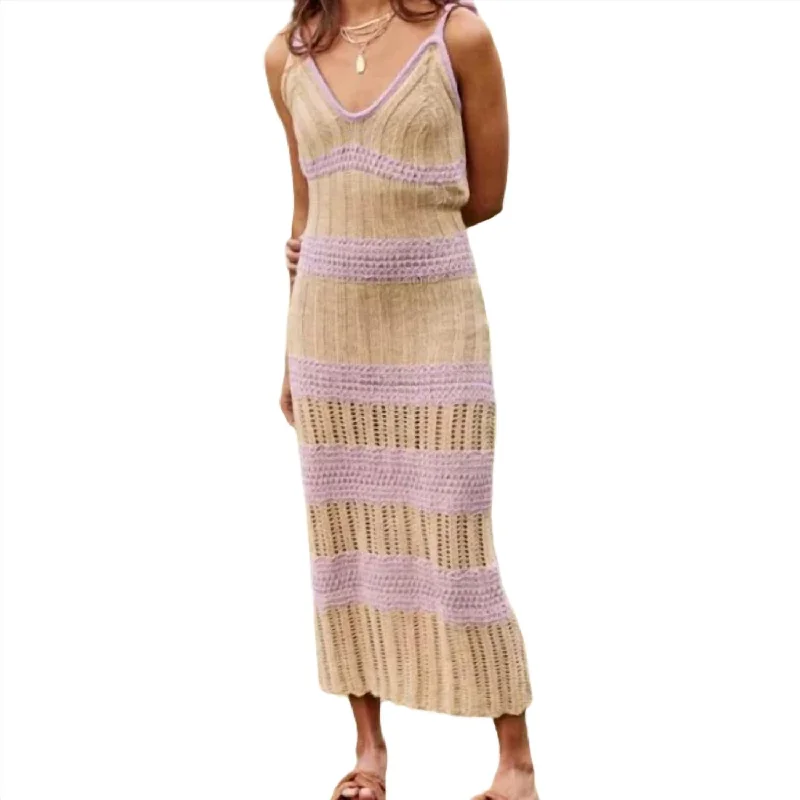 Latest Trends Crochet Contrast Midi Dress In Tan/lavender