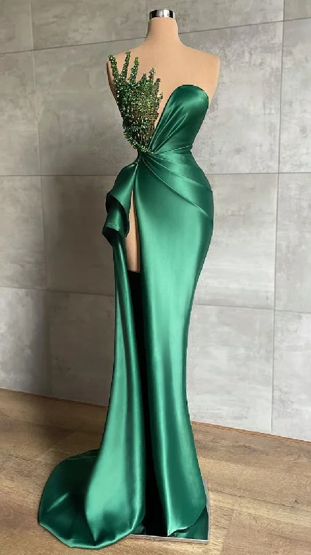 Last Chance Sale Plunging V-Neck Beads Long Formal Evening Dress Emerald Green Evening Gown High Split Y596