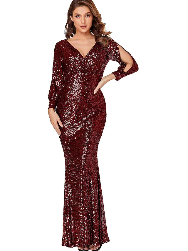 Best-Sellers Sparkle Boho Prom Formal Evening Dress V Neck Long Sleeve Floor Length Polyester with Criss Cross Sequin