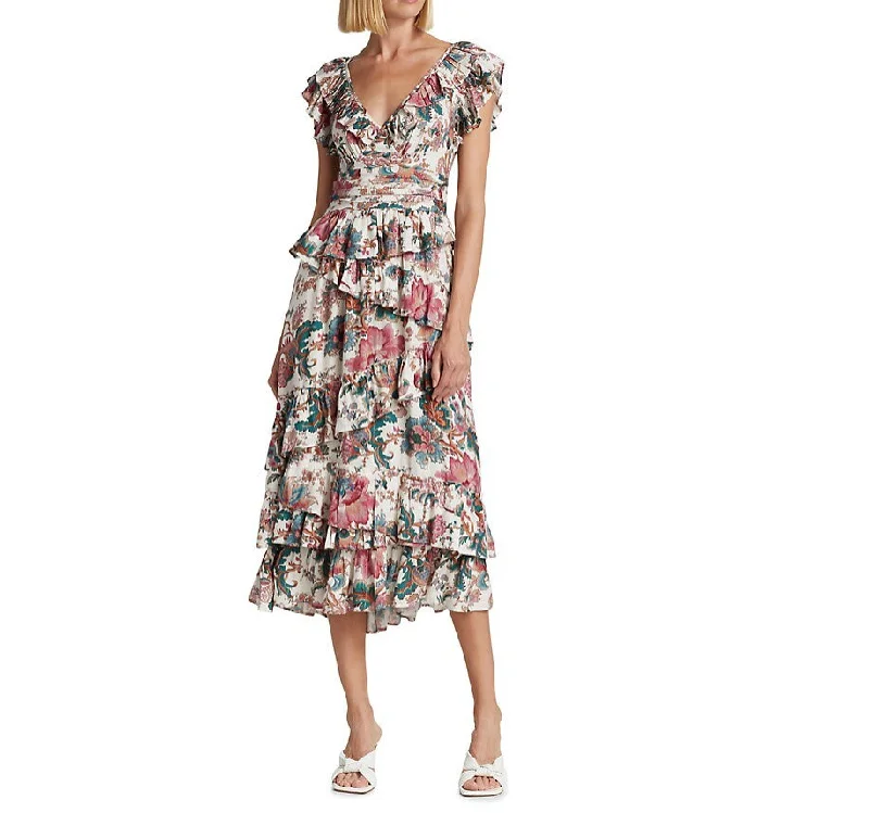 Exclusive Sale Love The Label Women Salome Lillie White Print Flutter Sleeves Lurex Midi Dress