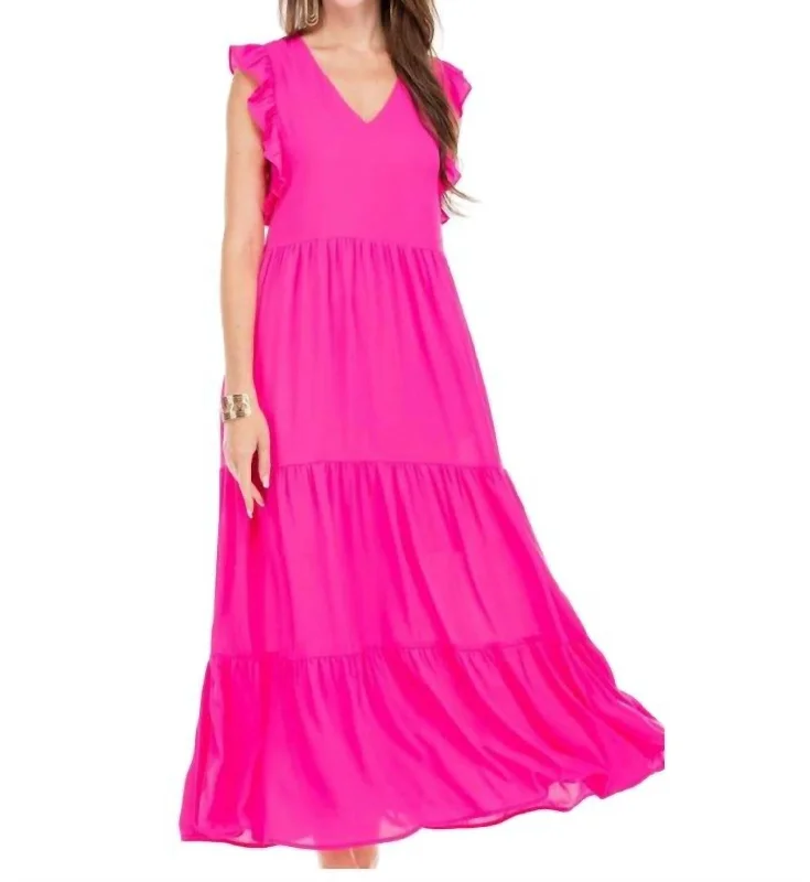 Feminine Soft - Hued Styles V Neck Tiered Maxi Dress In Pink