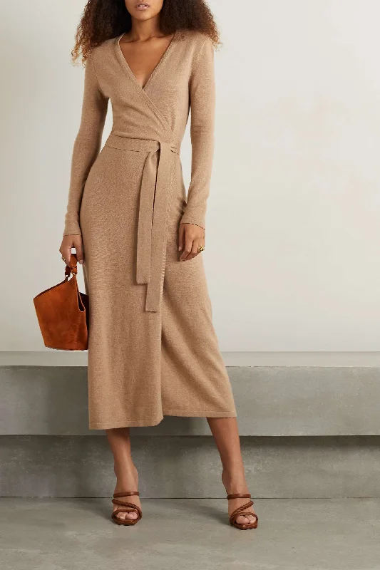 Parisian Effortless Chic Style Diane Von Furstenberg Dvf Astrid Wool Cashmere Wrap Midi Dress Camel