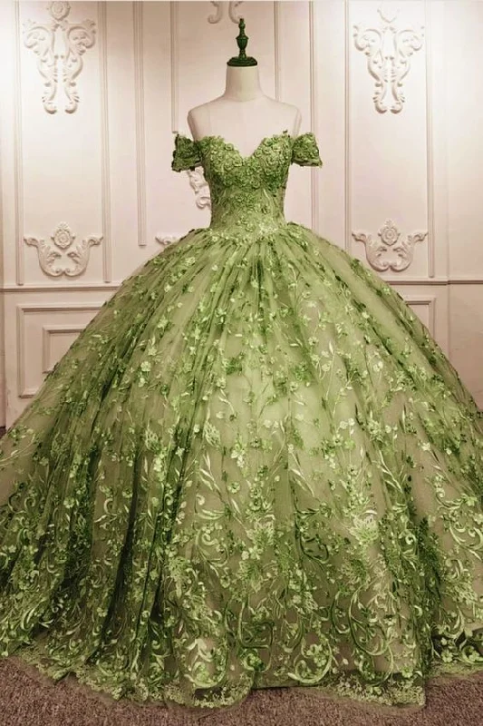 Now On Sale For Chic Urban Styles unique sage lace ball gown off the shoulder quince dress for 15th birthday party Y6525