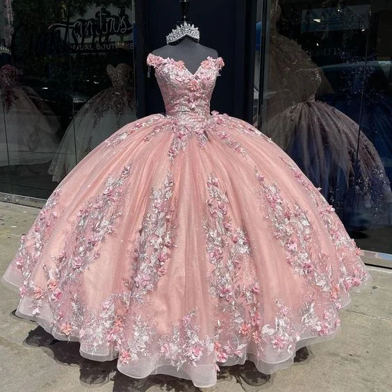 Feminine Soft - Hued Look Off Shoulder 3D Appliques Ball Gown Quinceanera Dress For 15 Birthday Party Y6298