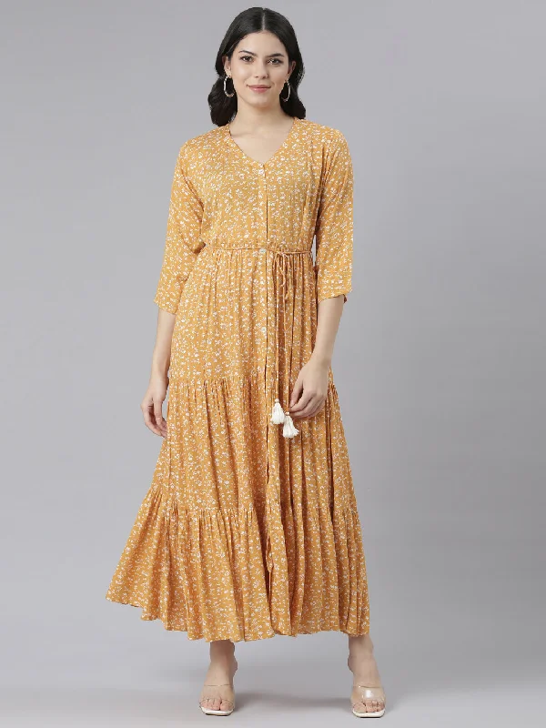 Chic Style Neeru's Mustard Straight Casual Floral Dresses