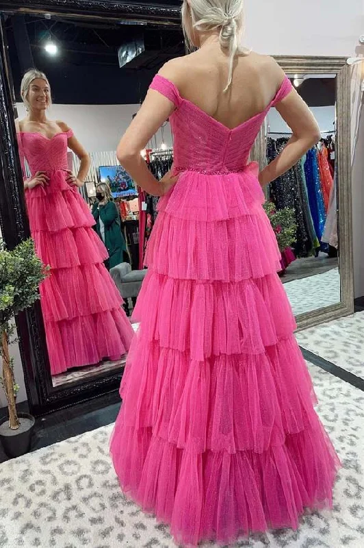 Best-Sellers A-Line Fuchsia Tulle Long Prom Dresses Formal Evening Gowns Y482