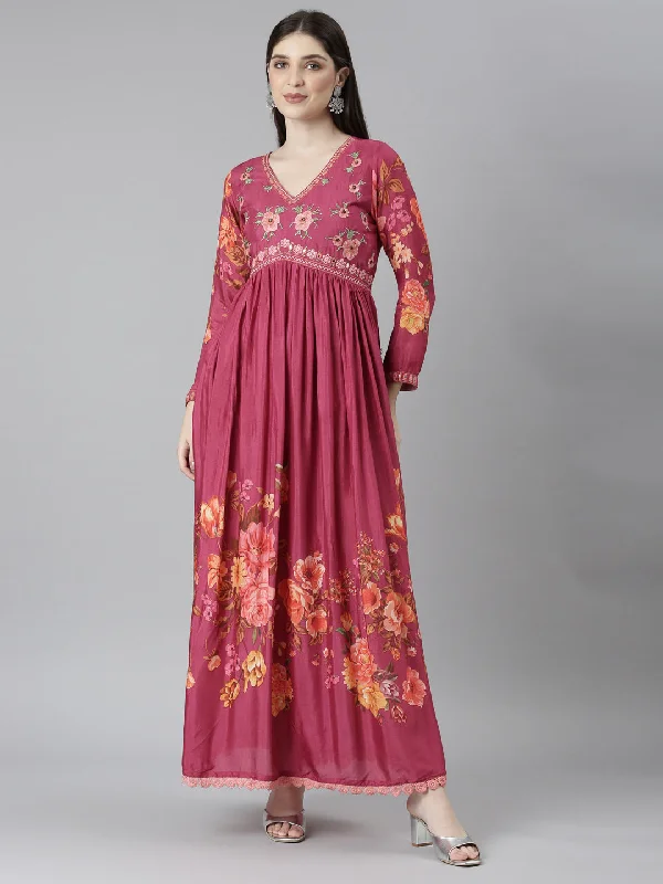 Elegant Style Neeru's Magenta Flared Casual Floral Dresses