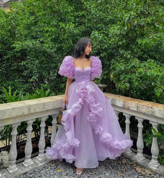 Wardrobe Essentials Lavender Organza Princess Prom Dress Short Puff Sleeve Ruffles A Line Maxi Dress Formal Graduation Gowns Y6398