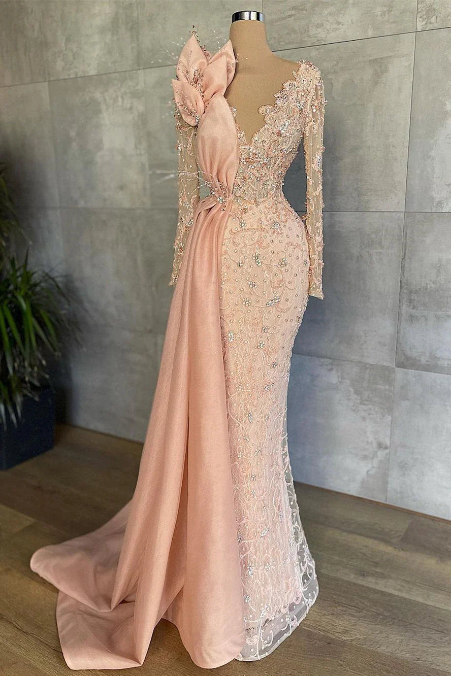 Weekend Special Mermaid V-neck Beading Sequined Floor-length Long Sleeve Appliques Lace Flower Prom Dress