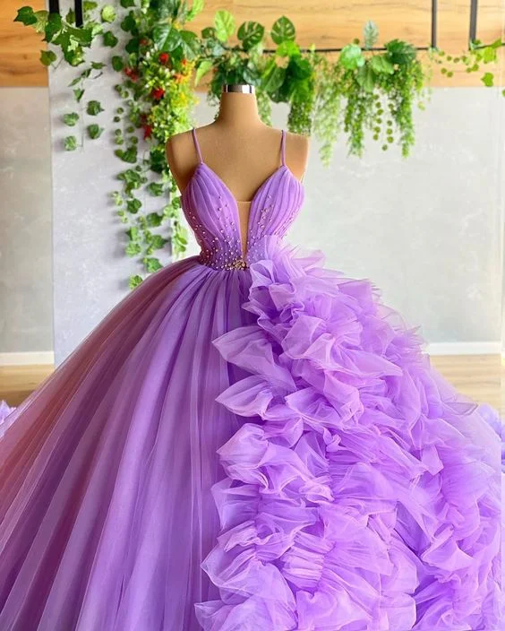 Fashionista Favorites Purple A-line V Neck Tulle Ball Gown,Purple Princess Dress,Fairy Dress Y6590