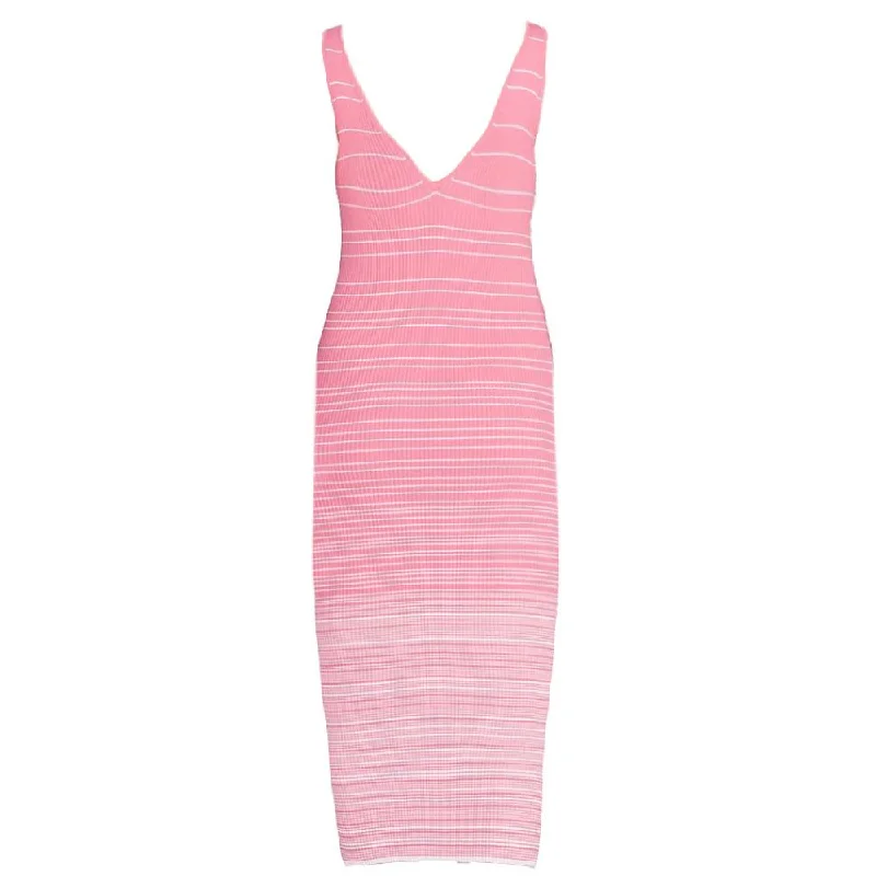 Stylish Looks Staud Women Dana Coral Pink White Striped Dana Ribbed Knit Midi Dress