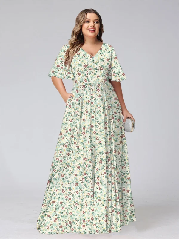 Save On Classic Elegant Styles A-Line/Princess V-Neck Short Sleeves Ruched Plus Size Floral Bridesmaid Dresses