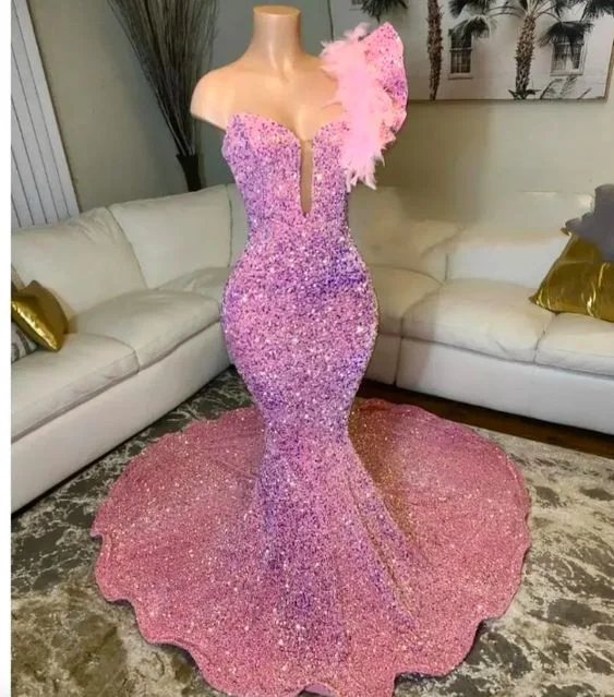 Budget-Friendly Fashion Pink Mermaid Prom Dress Glitter Sequins Beaded Feather One Shoulder Evening Reception Birthday Engagement Gowns Y6672