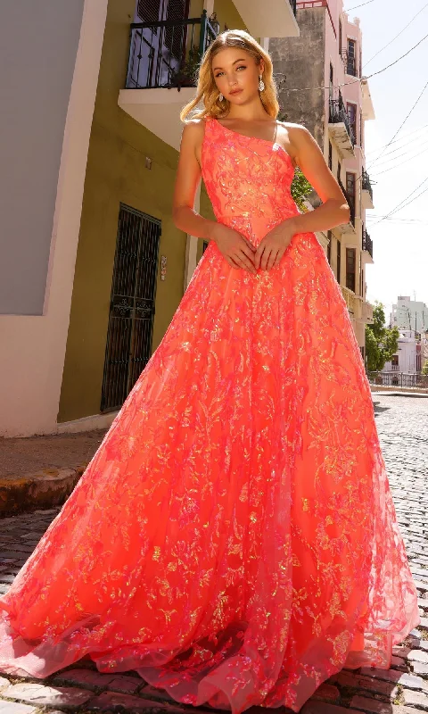 Beat The Heat In Tropical Styles One-Shoulder Neon Peach Prom Ball Gown R1305