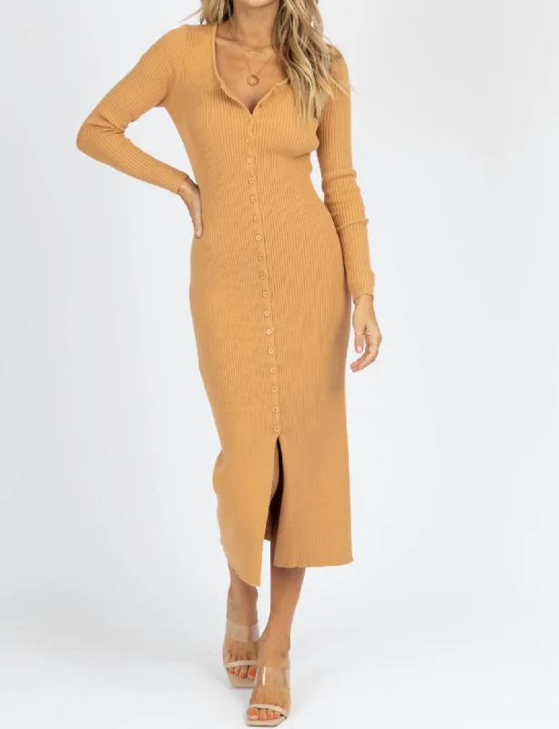 Holiday Sale Ribbed Knit Button Front Midi Dress In Camel