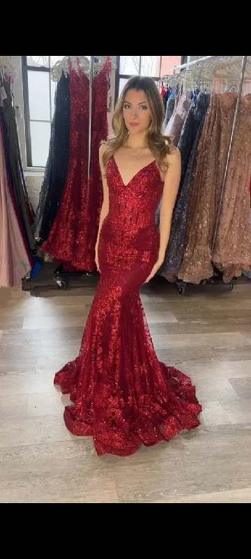 Unbeatable Prices Red V Neck Mermaid Prom Dress,Red Evening Gown Y5967