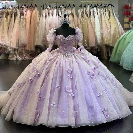 Latest Trends Lilac 3D Flowers Ball Gown Quinceanera Dresses Puff Long Sleeves  Y6580