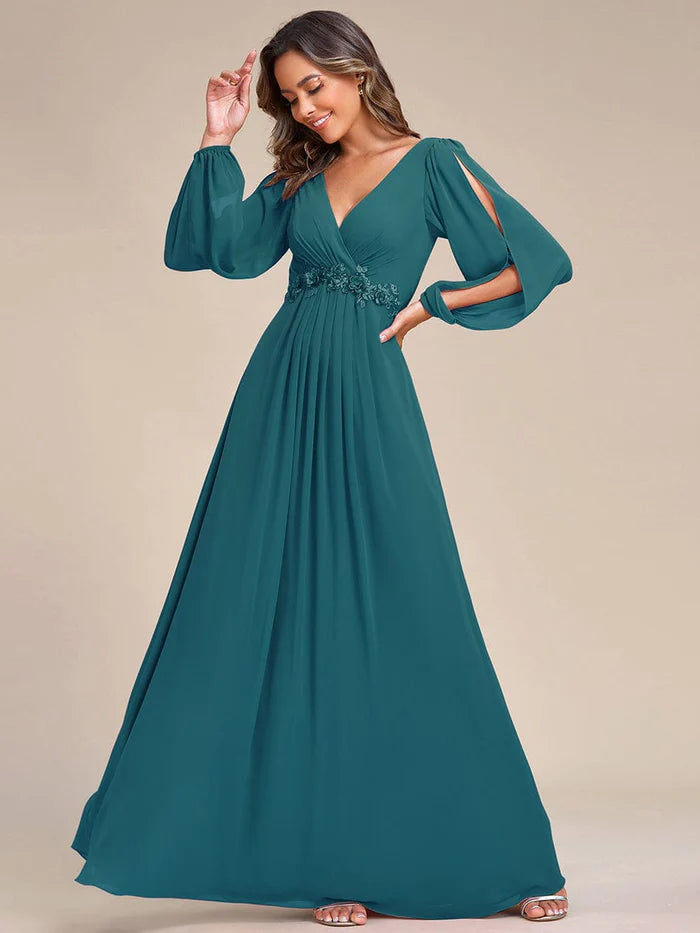 Spring Wardrobe V-Neck Long Sleeve Applique A-Line Chiffon Evening Dress