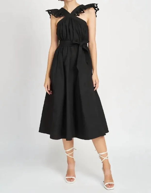 Save On Inspired Styles Blakely Ruffle Eyelet Belted Midi Dress In Black