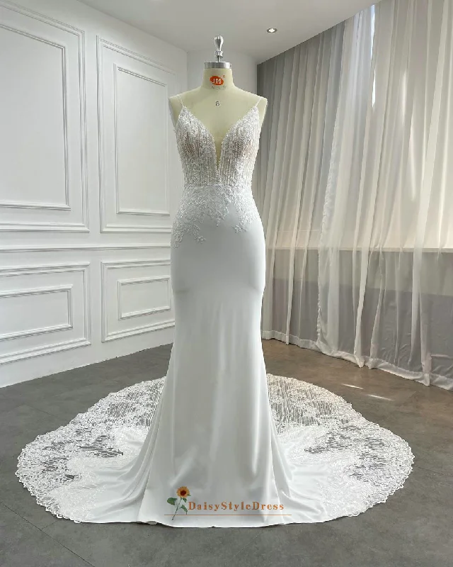 Parisian Effortless Chic Style Designer's Fit and Flare Sheer Wedding Dress