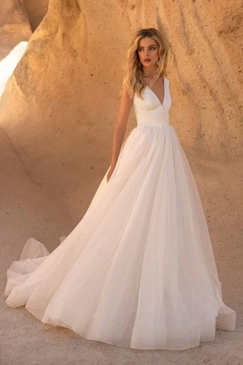 Fashion-Forward Sleeveless V-neck With Button Details And V-back Tulle A-line Wedding Dress