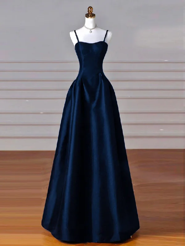 Day-To-Night Styles Simple A-Line Dark Blue Satin Long Prom Dress, Dark Blue Long Formal Dress  MD7238