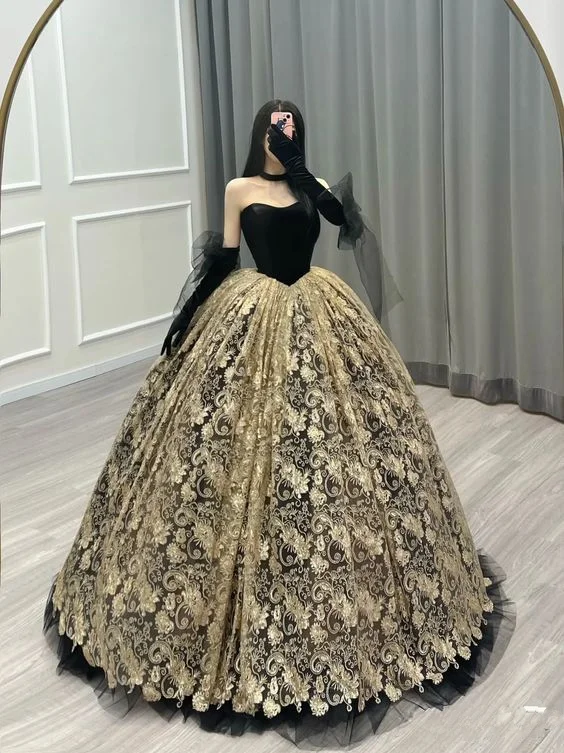 Cool Prices Vintage / Retro Gold Black Printing Ball Gown Corset Backless Floor-Length / Long Prom Formal Y7157