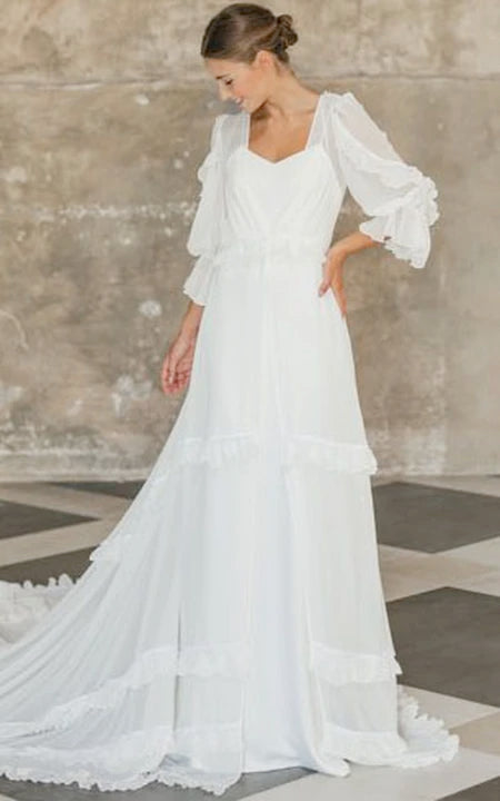 Chic Styles Flowy and Ethereal Long Sleeve Chiffon Wedding Dress with Tiered Court Train