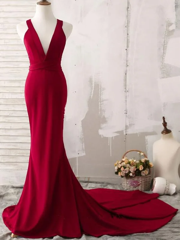 Trend Alert Burgundy V Neck Mermaid Open Back Satin Long Prom Dresses with Sweep Train, V Neck Backless Burgundy Formal Dresses, Burgundy Evening Dresses