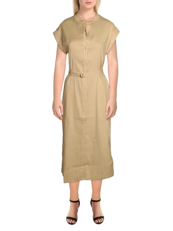 Nordic Minimalist Home Look Womens Linen Blend Rolled Sleeves Midi Dress