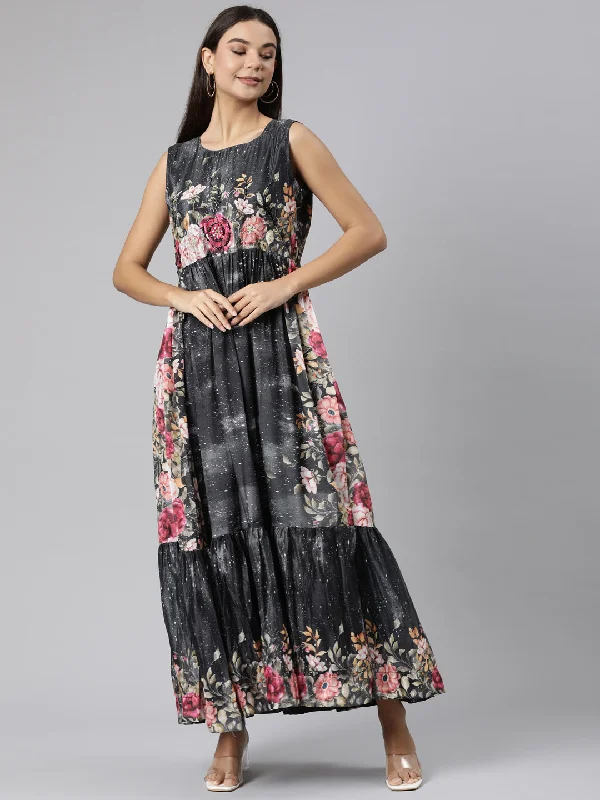 Clearance Event Neeru's Black Flared Casual Floral Dresses