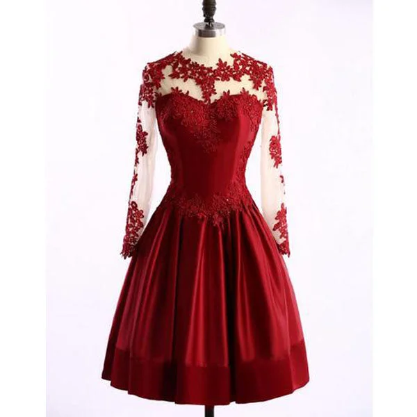 Winter Warm - Up Sale Mini Long Sleeve Red  Lace Homecoming Dress