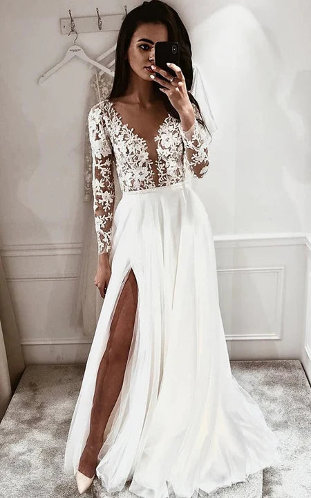 Big Savings On Rustic Countryside Styles Lace Long Sleeve Plunged V-neck Empire Chiffon Front Split Wedding Dress