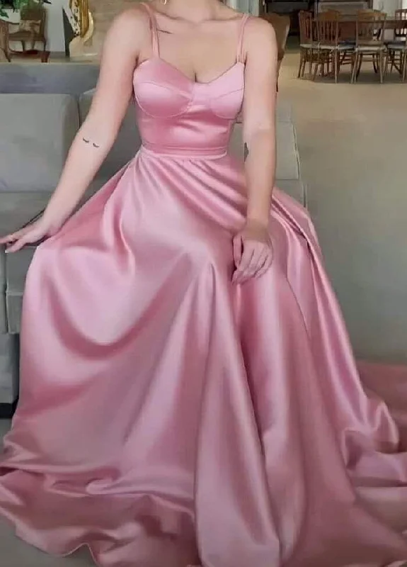 Wardrobe Update Pink Spaghetti Straps A-Line Satin Birdesmaid Dress Long Party Dress MD7368