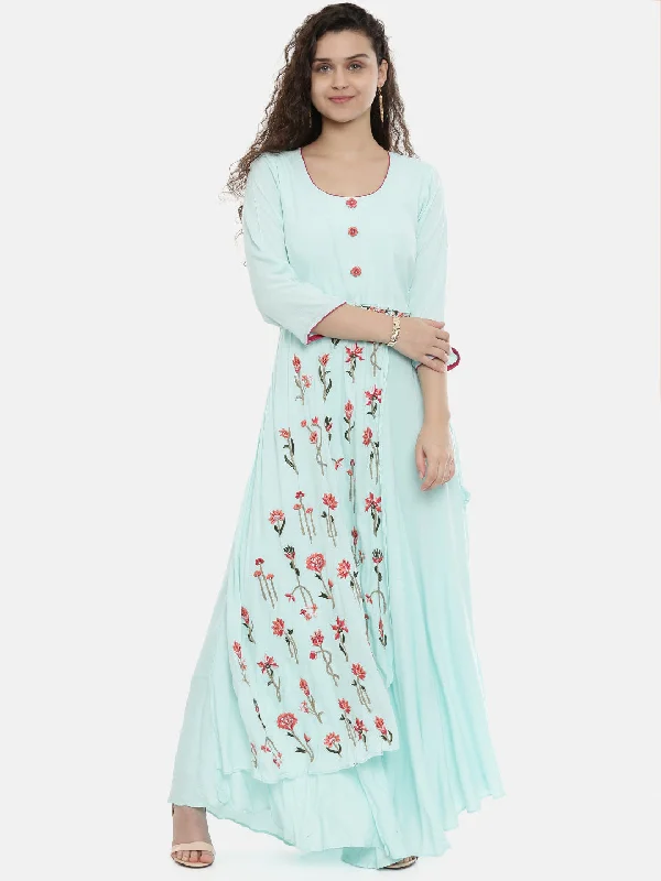 Spring Fashion Neeru's Women Sea Green Red Floral Embroidered A-Line Kurta With Tie-Up Detail