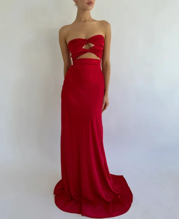 Wardrobe Essentials Simple Red Strapless Sheath Satin Long Prom Dress Evening Party Dress MD7592