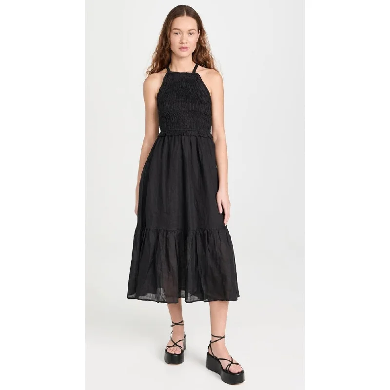 Seasonal Fashion Sea Women's Cole Smocked Ramie Midi Dress, Black