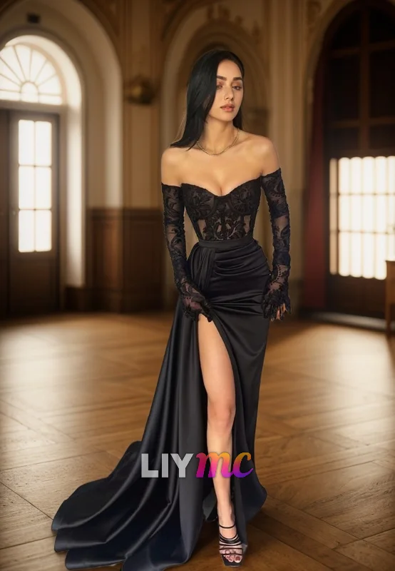 Style Upgrade LP2028 - V-Neck Long Sleeves Lace Appliques High Slit Sexy Prom Dress