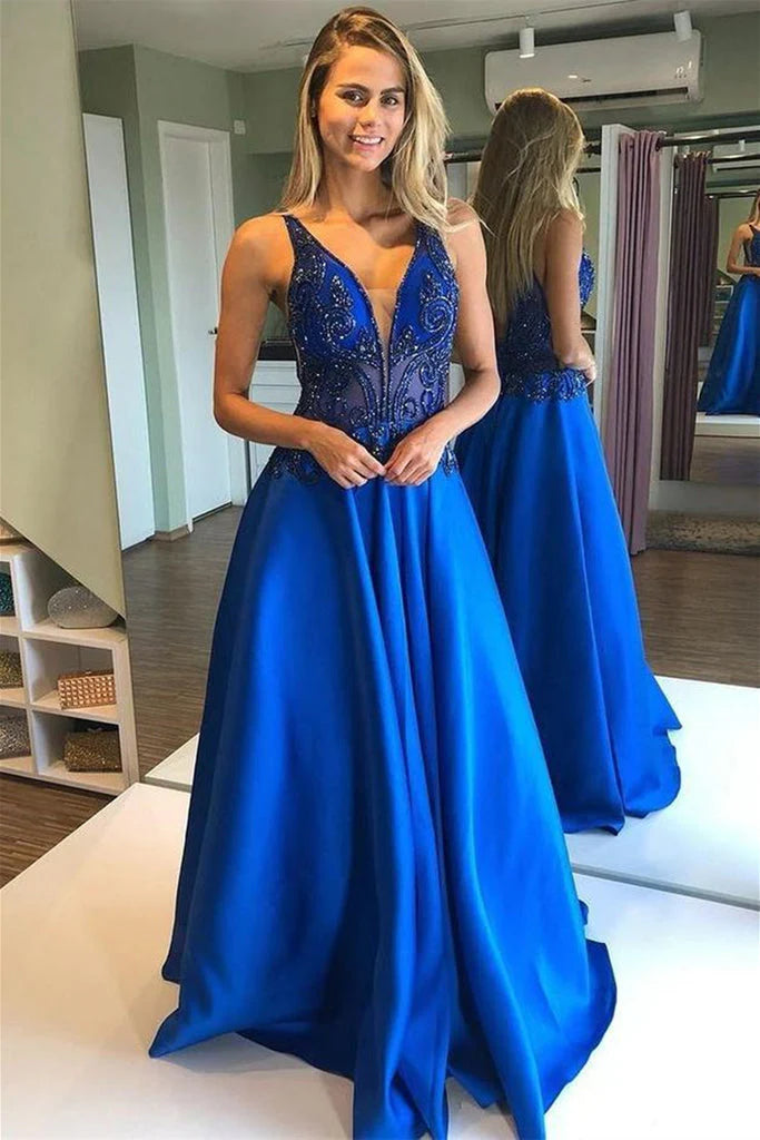 Limited - Stock DingJiDress Prom Dresses Beading Real Made V Neck Satin Long Evening Dresses