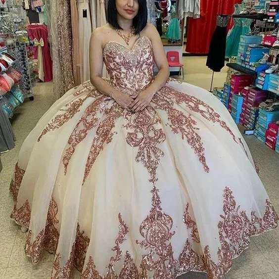 Mid - Season Sale Sparkly Princess Rose Gold Quinceanera Dress Vintage Sweetheart Lace Applique Sequins Ball Gown Y6523