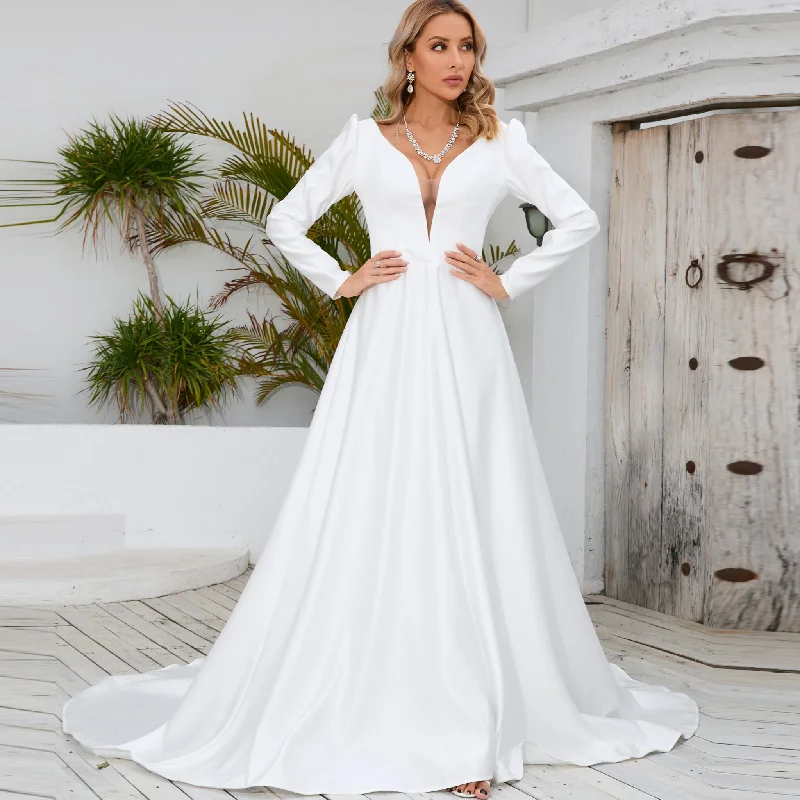 Limited - Edition Drops Simple and Sleek A-line Satin Wedding Dress with Long Sleeves