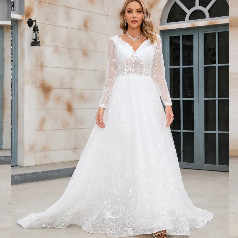 Trend Alert Modern Sheer Bodice A-line V-neck Lace Wedding Dress with Long Sleeves