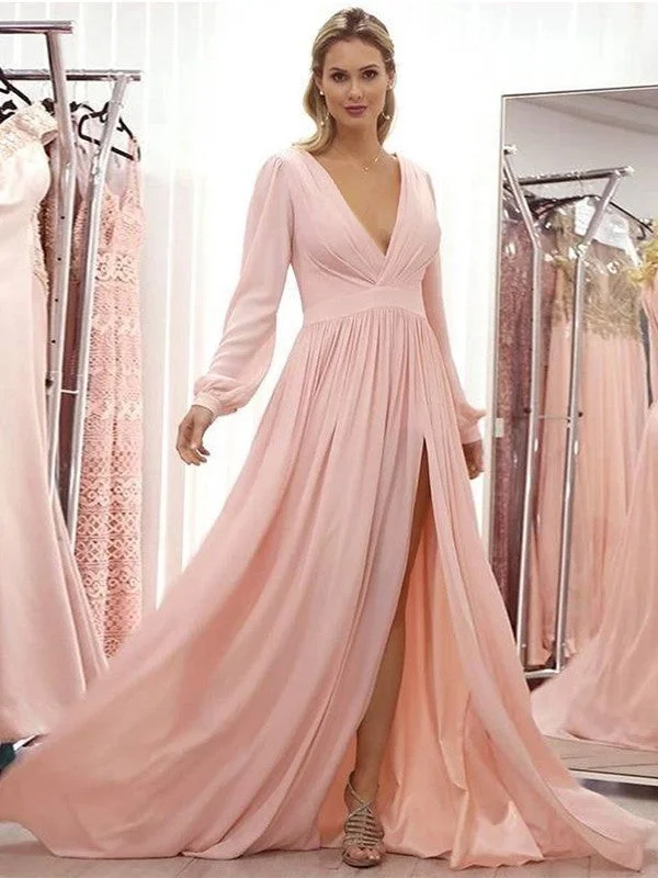 Holiday Sale A-Line/Princess Chiffon Ruffles V-neck Long Sleeves Sweep/Brush Train Mother of the Bride Dresses