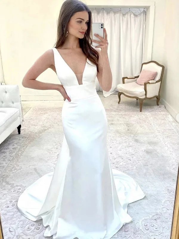 Wardrobe Refresh Elegant Mermaid V Neck White Satin Long Prom Dresses, Mermaid White Formal Dresses, White Evening Dresses